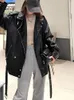 Skóra damska Faux Sungtin Czarne kurtki pu Kobiety z paskiem Zwyciężone koreańskie luźne motocykl moda przyczynowa odzieży wierzchniej 230209