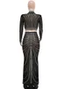 Two Piece Dress Beyprern Gorgeous Sheer Mesh Crystal Crop Top And Maxi Skirt Set TwoPiece Luxury Diamonds Party Christmas Gowns 230209