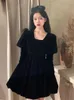 Robes décontractées Houzhou Noir Élégant Vintage Robe À Manches Longues Kawaii Puff Velours Automne Hiver Solide Harajuku Gothique Streetwear