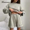 Women's Tracksuits Hirsionsan Soft Cotton Sets Women Casual Two Pieces Long Sleeve Sweatshirt High Waist Shorts Solid Outfits Tracksuit 230209