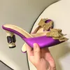 Sandali con strass in raso di lusso da donna open toe in cristallo dorato con nodo a farfalla e gioielli con tacco alto scarpe da donna con ciabatte sexy