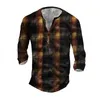 T-shirts pour hommes Vintage Henry Chemise Plaid Imprimé Tshirt Vneck Bouton Vêtements À Manches Longues Printemps Automne Surdimensionné Casual Tops 230209