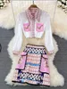 Zweiteiliges Kleid Fashion Runway Sommerrock Anzug Damen Bluse mit Pferdegeometrie-Print und A-Linien-Taschenknöpfen 2 Set 230209