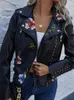 Damen Leder Kunstleder Ly Varey Lin Blumendruck Stickerei Faux Weiche Lederjacke Frauen Pu Motorradmantel Weiblich Schwarz Punk Reißverschluss Niet Oberbekleidung 230209