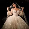 Impresionantes vestidos de novia de una línea de princesa para mujeres árabes Mangas largas transparentes Apliques de encaje Deshuesado expuesto Vestidos de novia de Dubai Robe De Marriage rabic pplique