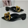 Gold Chains Slippers Sandals Female Low heel Patent Leather Pointed toe Womens Slides Spring Lady Gladiator