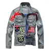 Jackets masculinos Viankani Men's American Bandge Patch Design Slim Denim Jacket Vintage Letters Patchwork