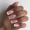 False Nails 24pcs Rhinestones가있는 프랑스 가짜 프랑스 가짜 짧은 전체 커버 인공 디자인 제거 가능한 손톱 세트