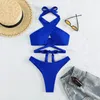 Maillots de bain pour femmes 2023 Push Up maillot de bain solide bleu Bangage attaché cou deux pièces Bikini ensemble taille basse Sext imprimé maillot de bain