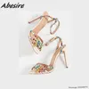 Peep Toe Crystal Abesire Ankle Buckle Strap Thin High Sandals Woman Summer Lady Big Size Stilettos Shoes On Heels T23020 7d6f