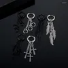 Hoop Earrings Gothic Stainless Steel For Man Women Feather Cross Pendant Long Tassel Chain Unisex Piercing Jewelry