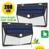 Luzes de parede solar 208 LED Light Garden Street L￢mpada ao ar livre Luz solar ￠ prova d'￡gua Sensor de movimento PIR para decora￧￣o Deliver