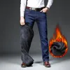 Herr jeans shan bao vintermärke passar rak fleece tjock varm jeans klassisk badge ungdom mäns affär avslappnad hög midja jeans 230208