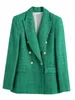 Damenanzüge-Blazer, stilvoller grüner Tweed-Blazer, Jacke, Frühling und Herbst, High Street, zweireihig, Taschen, Bürodame, schick, lässige Oberbekleidung 230209