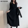 Casual Dresses BGTEEVER Elegant V-neck Single-breasted Women Thicken Sweater Dress Autumn Winter Knitted Belted Female A-line soft dresses 230209