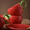 Tassen, Untertassen, handbemalt, dreidimensionales Relief, Erdbeer-Kaffeetasse und Untertasse, roter Country-Lifestyle-Nachmittagstee, 300 ml