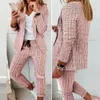 Dames Tweede stuk broek 2 PCSSet Kantoor Women Blazer Cardigan Lady Outfit Drawing Rapel Plaid Print Jacket Trousers Pak voor werk 230209