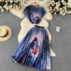 Tvådelad klänning Summer Runway Flower Skirt Suit Womens Stretch Colorblock Knit Top High midje Floral Tryckt Holiday Set 230209