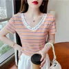 Women's T-Shirt Summer New Rainbow Stripe Short Sleeve T-shirt Women Korean V-neck Top Womens Blouses Tops Slim Sexy Y2302