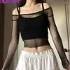 Women's T Shirts Lilac XN Sexy Hollow Out Mesh Long Sleeve T-Shirts For Women Y2K Aesthetic Black Bodycon Crop Top Summer Basic Tee