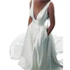 Enkla satin a-line bröllopsklänningar med fickor ärmlös lång elfenbens trädgård strand brud klänningar v-hals plus storlek brud klänning vestido de novia