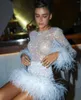 Party Dresses Bling Fashion Sexy Women's Cocktail Dress Long Sleeves Bodycon Feathers Lady Night Club Gown YSAN1884