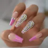 Unghie finte Luxury 3D AB Crystal Rhinestone Diamond French Bara Glossy Pink Nude Super Long UV Fake Ballet Nail Riutilizzabile Wear