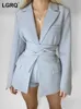 Womens Jackets LGRQ Slim Fit Khaki Elegant Belted Lace Blazer Notched Neck Long Sleeve Blue Coat Fashion Autumn 19D1909 230208