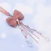 Interior Decorations Creative Rhinestone Diamond Bowknot Pendant Cute Crystal Tassels Chain Rearview Mirror Ornament Pearl Car Accessories Women 0209