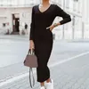 Casual Dresses Woman Autumn Winter Knitted Dress Long Sleeve V-Neck Bodycon Sexy Solid Pullover Temperament Fashion Female Midi