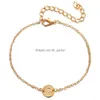 Charm Bracelets 26 Letter Gold Color Bracelet Bangle Girl Fashion Jewelry Alloy Round Pendant For Women Gift Bridesmaid Gif Dhx1L