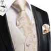 Mens Vests HiTie 100% Silk Ivory Beige Champagne Gold Tie Hankerchief Cufflinks Set Jacquard Vine Waistcoat for Men Suit Dress 230209