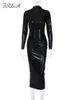 Casual Dresses FSDA Schwarz Midi Bodycon Kleid Sexy Frauen Rollkragen Langarm Pu Leder Party Kleider Club Elegante Herbst Winter 230209