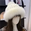 Gorros Beanie/Gorras de calavera Sombreros de piel real de invierno Mujeres Oreja natural y esponjosa Cálida Moda Elegante de punto Sólido Elástico HatBeanie/Skull Beani