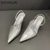 Sandals SUOJIALUN 2023 Spring New Brand Women Sandal Fashion Thin High Heel Elegant Ladies Dress Pumps Shoes Slip On Slingback Party Sho T230208