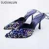 先の尖ったつま先サンダル女性ポンプ新しい2022 Suojialun Fashion Bling Shallow Ankle Lace Up Ladies Sandal Thin High Heel Dress Shoes T230208 672