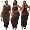 Robes grande taille XL ~ 5XL Vente Sexy Discothèque Moulante Smockée Sans Manches Col Carré Café Couleur Longue À La Mode Plus La Taille Robe Femme 230209