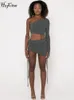 Robe deux pièces Hugcitar Solide One épaule à manches longues Shirring Draped Lace Up Crop Top Jirts 2 PCS Set Fall Sexy Rave Vacation Rave 230209