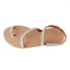 Sandálias verão plana doce boho pérola decoração feminino de praia sapatos de férias de férias de couro