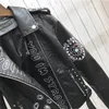 Женская кожаная искусственная осенняя женщина зимние мягкие куртки, леди, черная пш -заклепка Zipper epaulet 3D Print Streatwear 230209