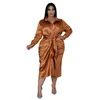 Plus size jurken Somoia reflecterende zijde geplooide tie rapel Hoge taille vaste kleur Casual jurk plus size dameskleding groothandel druppel 230209