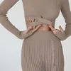 Two Piece Dress Winter Knitted Sweater Long Skirts Set Women Chic Crop Top And Button Pleated Outfit Sexy Split Suits 230209