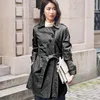 Women's Leather Fashion Real Jacket Women Autumn High Street Mid-length Coat For Clothing Black Belt Treach FCY1920