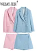 Tvådelad klänning Wesay Jesi Womens Suit Blazers Double Breasted Jacket Textured Coat Slim Mini Kjol 2 Sets Lady Streetwear 230208