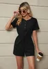 Summer Women Jumpsuits Crew Neck Kort ￤rmknapp Knapp Down Casual Jumpsuit Rompers High midjeshorts med fickor