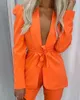 Womens Two Piece Pants Women Open Front Blazer Top Pant Fall 2 Sexy Club Outfits Solid Tie Set Orange Suit Streetwear 230209