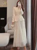 Платье с двумя частями H han Queen осенняя юбка костюм Женщины элегантная корейская кружевная мода мода Blazer Long Mesh Casual Вечерняя вечеринка 2PEECE SET 230209