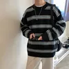 Herrtröjor Högkvalitativ stripe Crew Neck Herrens höstmodemärke Pullover Knitwear Sydkorean Löst slouchy långärmad tröja