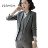 Womens Two Piece Pants Formal Uniform Designs Pantsuits for Women Business Work Wear Suits Autumn Winter Professional Ladies Office Blazers Sets Gray 230209