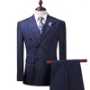 Costumes pour hommes 2023 Royal Blue Stripe Mens Slim Fit Formelle Châle Revers Terno Masculino Business Tuxedos Groomman 2PCS (Blazer Pantalon